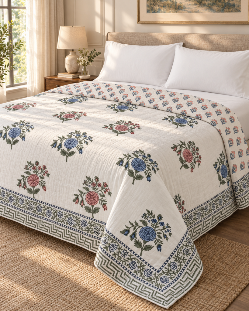 Pure Handblock Mulmul Quilt -Double Bed